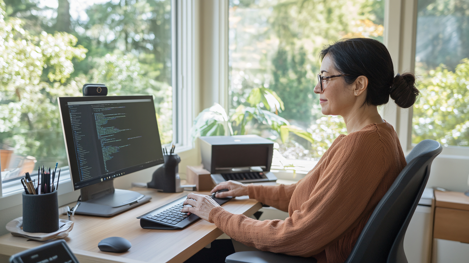 Person sitting with good posture at desk